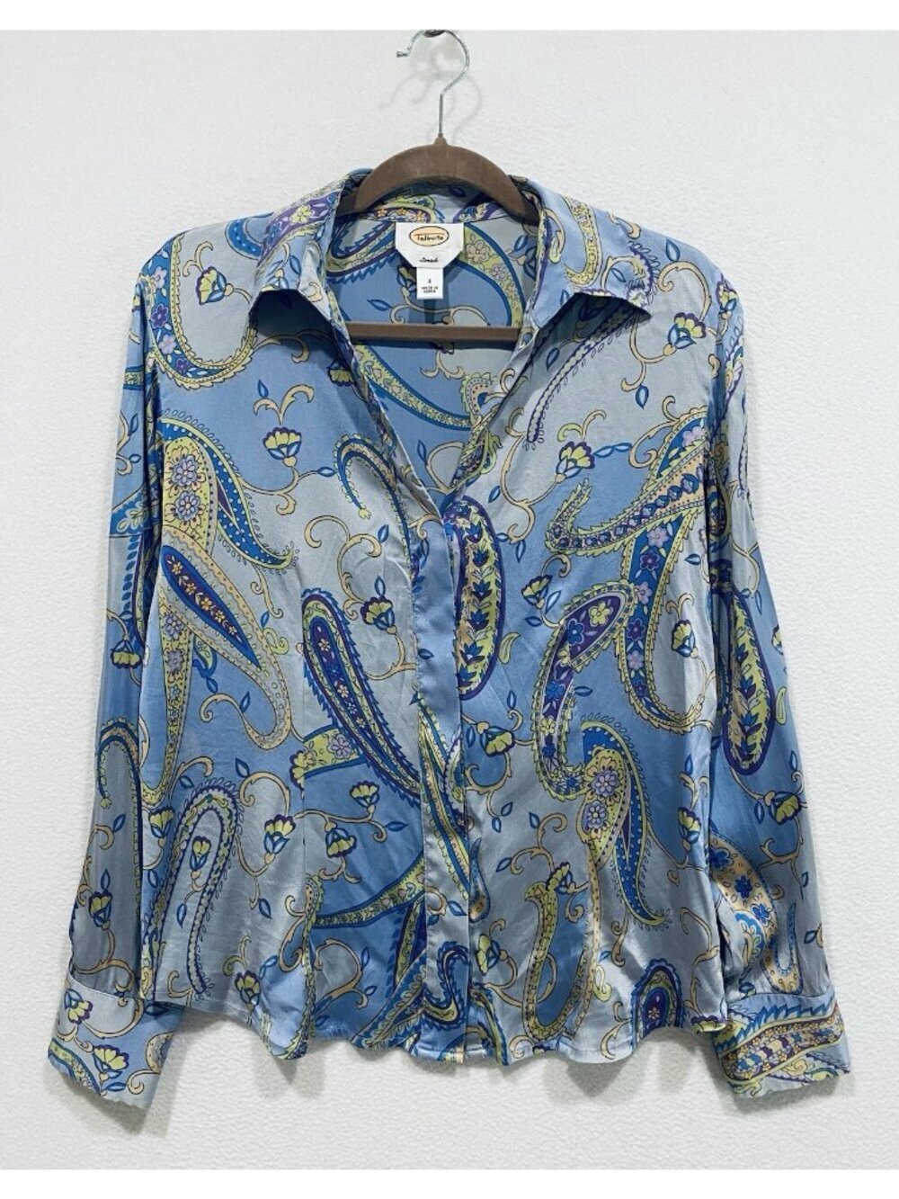 Talbots Top Womens 8 Vibrant Paisley Stretch Satin Silk Button Up Y2K Artsy Boho